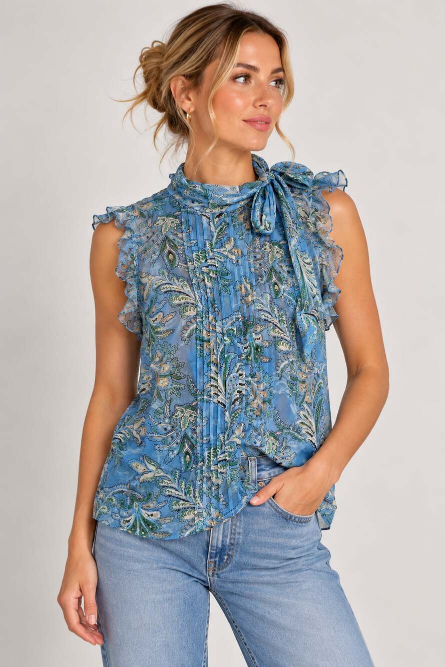 Veronica Beard Printed Sleeveless Tie Neck Blouse Blue Women’s Size 6